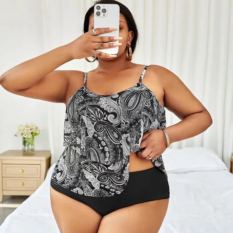 Fabricante personalizado al por mayor OEM de talla grande de dos piezas Bikini con volantes traje de baño de las mujeres de cintura alta traje de baño Tankini