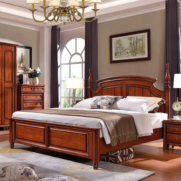 Modern deluxe mogno mobiliário quarto conjunto personalizado dupla madeira maciça cama