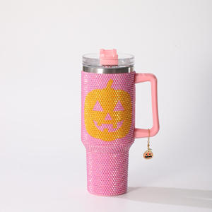 Custom Logo 40oz Rhinestone Tumbler Halloween Pumpkin Stainless Steel Travel Mug <b>With</b> <b>Straw</b> Handle Lid Insulated Water Bottle - Product Image 4