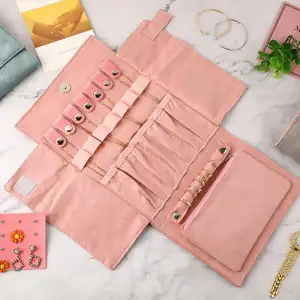 PU Kulit Suede Kain Tas Kosmetik Travel Jewelry Organizer Roll Lipat Organizer Tas untuk Cincin Kalung Gelang Anting