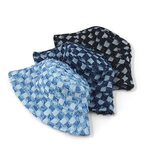 2024 סגנון חדש אופנה סתיו חורף מעצב חוץ סגנון בוב כובע ג'ינס דפוס משובץ פנמה דייג כובעי ג'ינס כובע דלי - Product Image 3