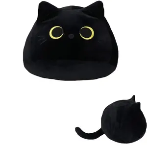 厂家定制卡通圆形黑猫毛绒枕头动物毛绒毛绒玩具舒适毛绒猫枕