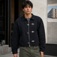 Veste décontractée pour homme en denim noir délavé vintage, avec fermeture éclair à bouton métallique, style streetwear surdimensionné, vente en gros OEM personnalisée