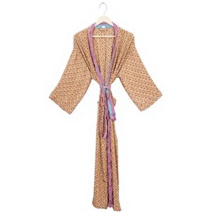 Women's Full Length Cotton Bamboo Fiber <b>Robe</b> With Dot Pattern Three Quarter Sleeve Casual Sleepwear Drawstring Closure - Product Image 1