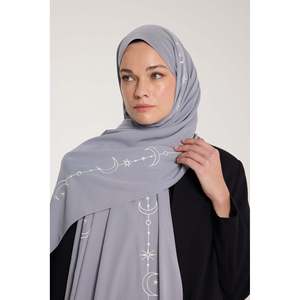 Châle brodé en tissage croissant, gris, en mousseline, respirant, pour femme, foulard islamique - Product Image 1