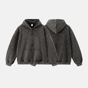 Sudadera con Capucha KingSen de Invierno, Estilo Urbano, Bordada con Pedrería, Felpa, 100% Algodón, Lavada al Ácido, con Cremallera, Estilo Hip Hop, Personalizada para Hombre - Product Image 1