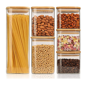 Bộ 6 ống đựng thực phẩm hộp đựng thực phẩm lưu trữ chai lọ bằng gỗ có nắp đậy thủy tinh vuông với tre nhà bếp đa chức năng gia vị Jar - Product Image 1