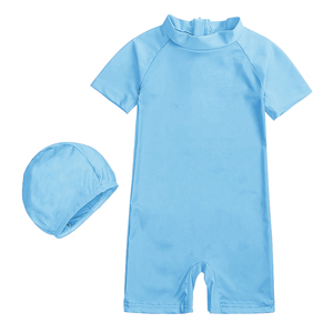 Black Toddler Swim Suit With Hat Short Sleeve One Piece Swimwear For Summer Quick Dry Spandex Polyester Kids Swim Set - Product Image 3