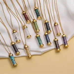 Trendy Clear Wishing Bottle Necklaces 18K Gold Plated Stainless Steel Chain Multi Color Gravel Perfume Bottle Necklaces