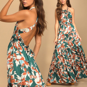 Vêtements pour femmes <span class=keywords><strong>été</strong></span> 2023 personnalisé imprimé vacances plage longues robes décontractées à volants à plusieurs niveaux Floral Maxi licou <span class=keywords><strong>robe</strong></span> <span class=keywords><strong>bohème</strong></span> - Product Image 1
