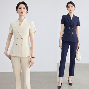 Women's Short Sleeve Suit Set Elegant Business Work Wear Anti-Wrinkle Polyester Spandex Blend Formal Office Outfit - Product Image 1
