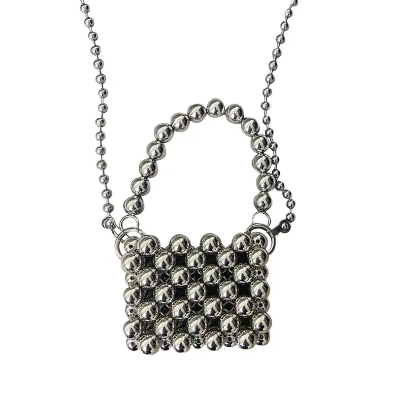 2023intage handmade acrylic beads DIY material handbag beaded metal hand lift diagonal cross-chain woven women's bag