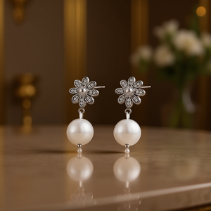 Pendientes Amy Amy con forma de flor, plata 925, perla sintética blanca, redondos, clásicos, joyería de uso diario para mujer PE3028 - Product Image 2