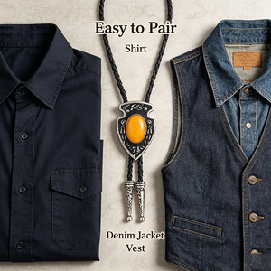 Bolo Tie Western Vintage pour Homme, avec Pendentif Flèche et Bouclier en Pierre d'Ambre, en Métal Gravé, Cordon en Cuir Tressé, Bijou Décontracté pour Chemise - Product Image 5