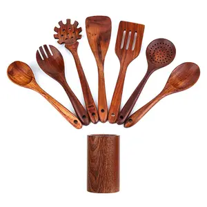 Customized accept Natural wood kitchen utensils spatula bamboo cooking utensils set With Teak wood Holder