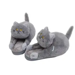 도매 새로운 겨울 회색 블루 플러시 고양이 모피 패션 모피 홈 하우스 귀여운 침실 귀여워 포옹 고양이 슬리퍼