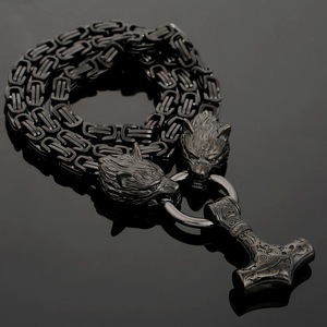 Collar con colgante de acero inoxidable para hombre, joyería de amuleto nórdico celta, martillo de Thor, cabeza de Lobo negro vikingo - Product Image 4