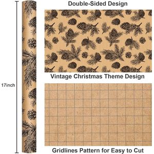 Kraft Christmas Wrapping <b>Paper</b> <b>Roll</b> 17 Inch X 33 Feet Pinecone Pattern Brown Gift <b>Wrap</b> For Holiday Packaging - Product Image 3