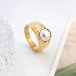 Bague en acier inoxydable plaqué or 14 carats avec perle sertie, étanche, pour <span class=keywords><strong>femme</strong></span>, vente en gros - Product Image 3