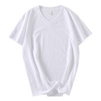 T-shirt uni à manches courtes en coton épais sans couture de 210 g, col en V, coupe ample pour hommes et femmes