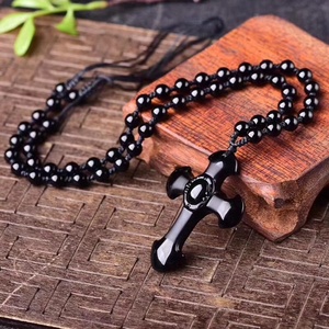 Collana con Ciondolo a Croce in Pietra Naturale di <span class=keywords><strong>Ossidiana</strong></span> Intagliata a Mano con Catena di Perline Portafortuna Placcata Oro <span class=keywords><strong>Gioielli</strong></span> Unisex - Product Image 1