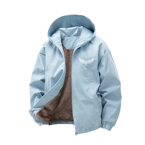 Light Blue Hooded Fleece <b>Jacket</b> With Wing Logo Zipper Front Casual Unisex Autumn Wear - Product Image 1