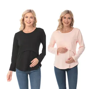 Long Sleeve Maternity Tees Pregnancy Tshirt Plus Size Nursing Clothes Breastfeeding Tops Curve Flap Openning Soft Cotton Fabric