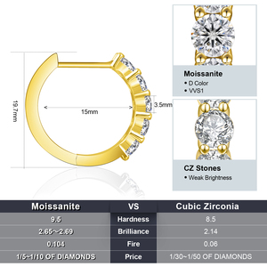 Sparkling Moissanite Diamond <strong>Hoop</strong> 925 Sterling <strong>Silver</strong> 11-15mm 0.60-2ct TW Women 14K Gold Plated Elegant Clip-on Huggies Earring - Product Image 5