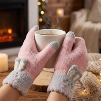 Gants en jacquard tricoté acrylique/coton chauds, compatibles écran tactile, avec patch lapin 3D rose et gris, mignons pour femmes et hommes, pour sports d'hiver, activités de plein air et usage quotidien