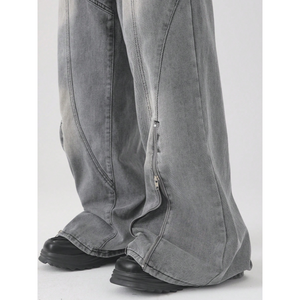 <span class=keywords><strong>Jeans</strong></span> Oversize a <span class=keywords><strong>Gamba</strong></span> <span class=keywords><strong>Larga</strong></span> da Uomo in Denim Grigio Effetto Acid-Wash con Cerniera Laterale Unisex Stile Futuristico - Product Image 5