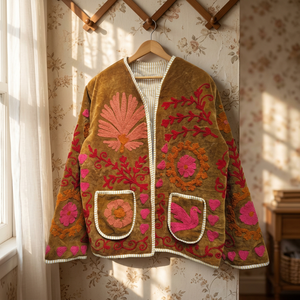 Elegante Chaqueta de Terciopelo Bordado con Cuello Mandarín, Mangas Largas, Estampado Floral, Transpirable, Tallas Grandes, Moda Primavera para Adultos, Festiva - Product Image 1