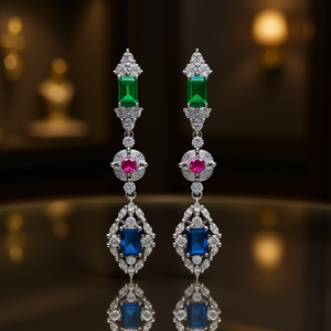 Orecchini Pendenti in Oro Bianco con Zaffiro e Diamanti Taglio Smeraldo, Montatura a Griffe, Gioielli Classici da Donna per Feste - Product Image 2