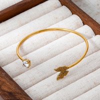 Bracelet manchette papillon vintage mignon en acier inoxydable plaqué PVD haut de gamme, étanche, avec zircone, pour femme, vente en gros