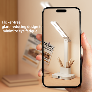 Lampe de bureau LED rechargeable à double tête avec horloge, commande tactile, lumière de lecture à intensité variable, protection des yeux, lampe de table pliable - Product Image 2