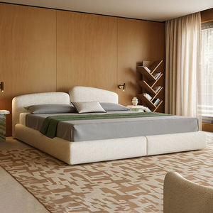 Letto matrimoniale moderno in stile italiano, grande, in tessuto di cotone e lino, minimalista di metà secolo, con struttura in legno di quercia, morbido, 1 anno di garanzia - Product Image 1