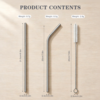 Paille réutilisable en acier inoxydable avec brosse de nettoyage, pailles métalliques droites et courbées pour café glacé, cocktails, jus
