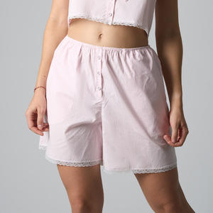 Pantalones Cortos Casuales de Algodón Estilo Americano con Ribete de Lazo, Dobladillo con Botones, Estilo de Tres Botones, Rosa, Azul Claro, Rayado, Elástico - Product Image 4