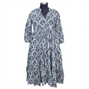 Vestido Midi Vintage 100% Algodón Puro, Diseño Casual Diario, Transpirable, Hecho a Mano, Estampado Floral, Cuello en V, Cintura Natural - Product Image 1