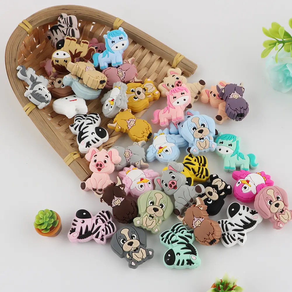 Kovict Wholesale BPA Free Food Grade Animal Jewelry Teething Silicone Yak Pig Zebra Dog Pony Puppy Mix Silicone Animal Beads