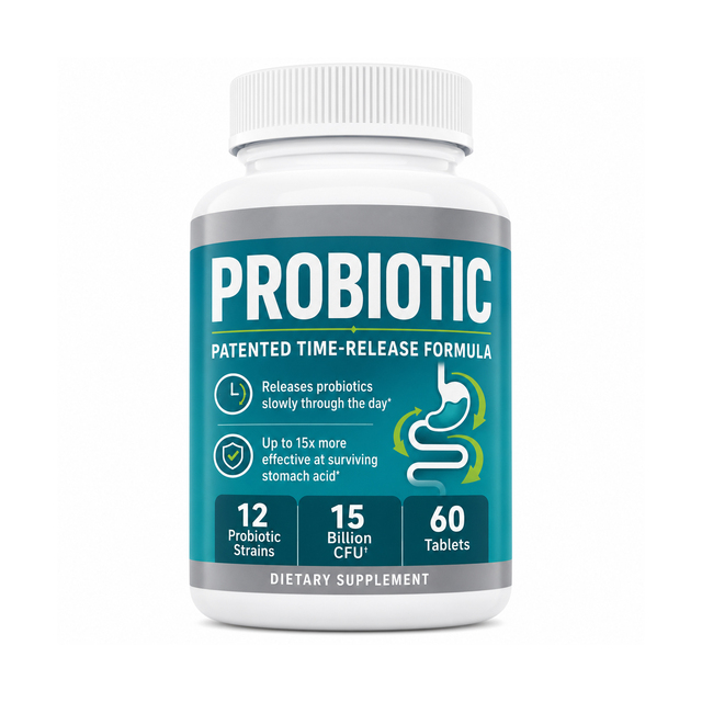 OLLI Private Label Adult Probiotic Tablets Time Release Formula 15 Billion CFU with Twelve Probiotic Strains for Stomach Health