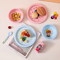 Ensemble de vaisselle pour enfants avec un design mignon d'animaux, assiette ronde, bol, fourchette, cuillère et gobelet à eau, 5 pièces
