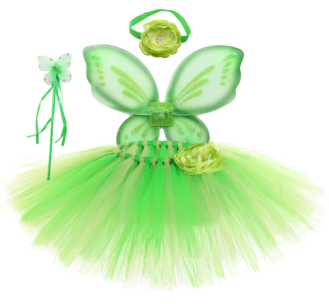 Green Cosplay Costume Children Dresses Girl Party Dresses Elf Fairy Dress Costume With Wings And Wand