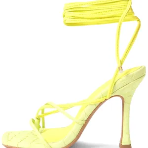 XINZI sandal hujan Label pribadi wanita, sepatu Gladiator wanita Hak 10cm lebar pas jari persegi kuning renda musim panas
