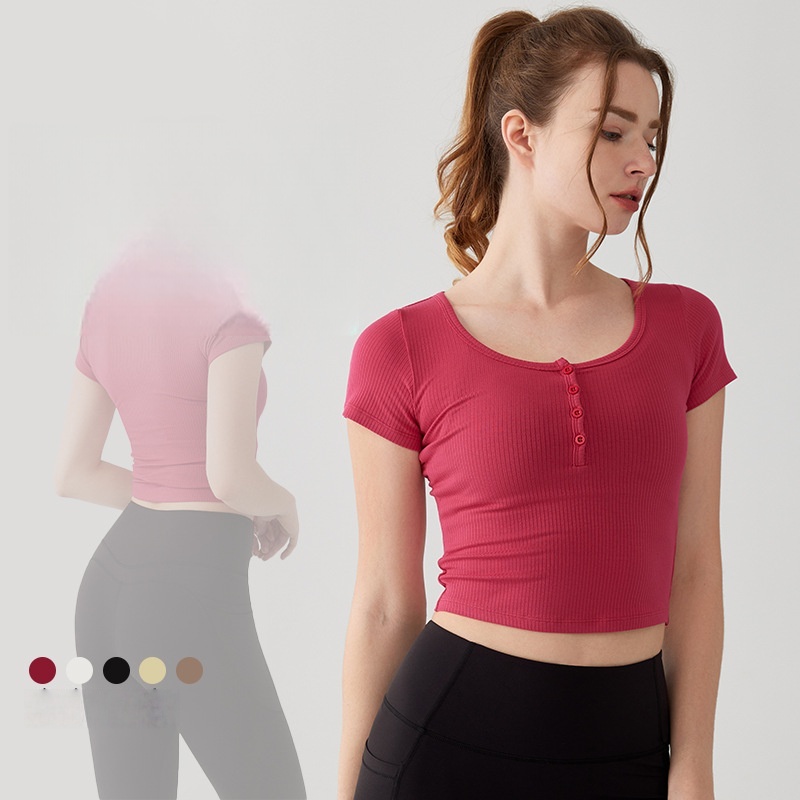 Elasticity & Quick Drying Women's Yoga Sports Short Sleeve Buttoned Top With Shorts Sleeves For Gym Workouts High