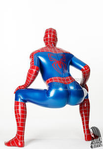 Catsuit <span class=keywords><strong>in</strong></span> lattice da <span class=keywords><strong>uomo</strong></span> per cosplay, blu metallizzato e rosso, a copertura totale, con cerniera posteriore a 3 vie e finitura effetto polvere. - Product Image 3