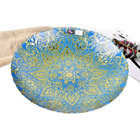 Assiette de présentation en verre 40 cm, motif mandala paisley orné, peinte à la main, écologique, bleu et or, pour mariage, maison, bar - Vente en gros