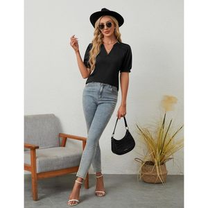 Blusa de manga abullonada para mujer, cuello en V, manga corta, plisada, informal, top de verano, camisa transpirable de poliéster - Product Image 5