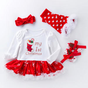 Ensemble de tenues de Noël pour bébé fille Robe barboteuse à manches longues avec imprimé flocon de neige Bandeau assorti Jambières et chaussures à pois - Product Image 4