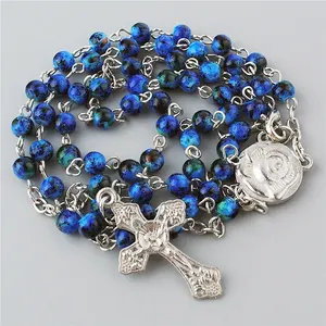 Chain necklaces 4mm glass imitate cloisonne beads small catholic religious items mini blue rosary with lobster