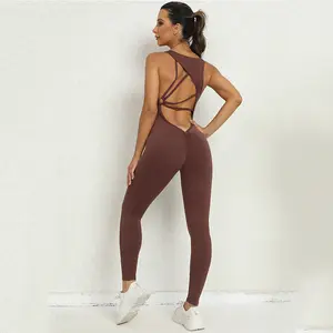 Custom Logo Workout Activewear 1 Piece Sports Jumpsuits Nylon Spandex Sportswear Gym Fitness Wear Yoga Bodysuit Romper